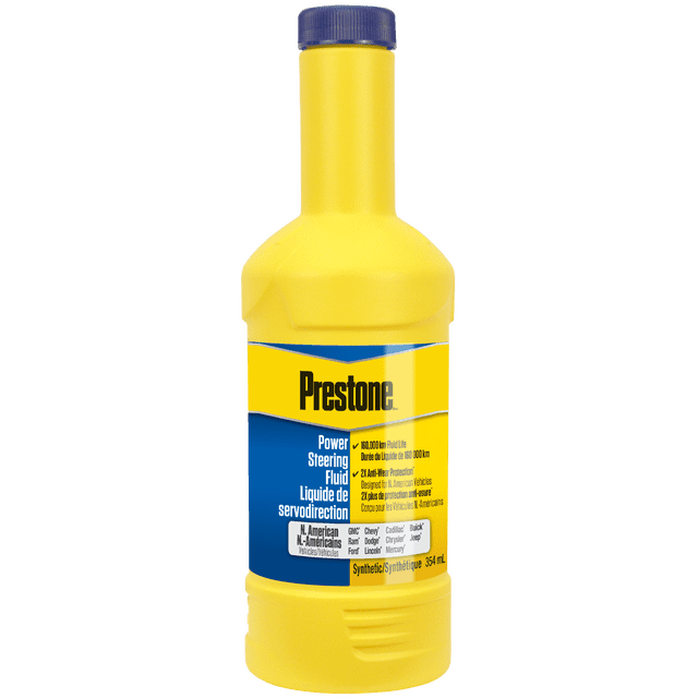 Prestone® Fully Synthetic Domestic Vehicle Power Steering Fluid, front-facing labeled plastic bottle with Prestone logo and product name; label highlights anti-wear additives and corrosion inhibitors, red-and-black label on white studio background. Often used as a flushing aid during steering-system maintenance.