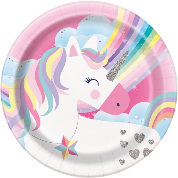 Assiettes en carton rondes 23 cm (9 po) Licorne arc-en-ciel rose Unique Industries, paquet de 8