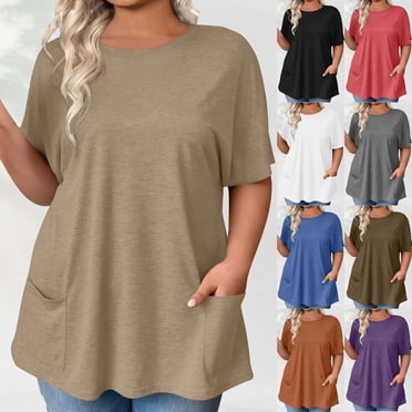 Wiyuqeen Hauts pour Femmes Grande Taille avec Poches Manches Courtes T-Shirts Unis Col Rond Coupe Ample Blouses Décontractées Confortables T-Shirts d'Été