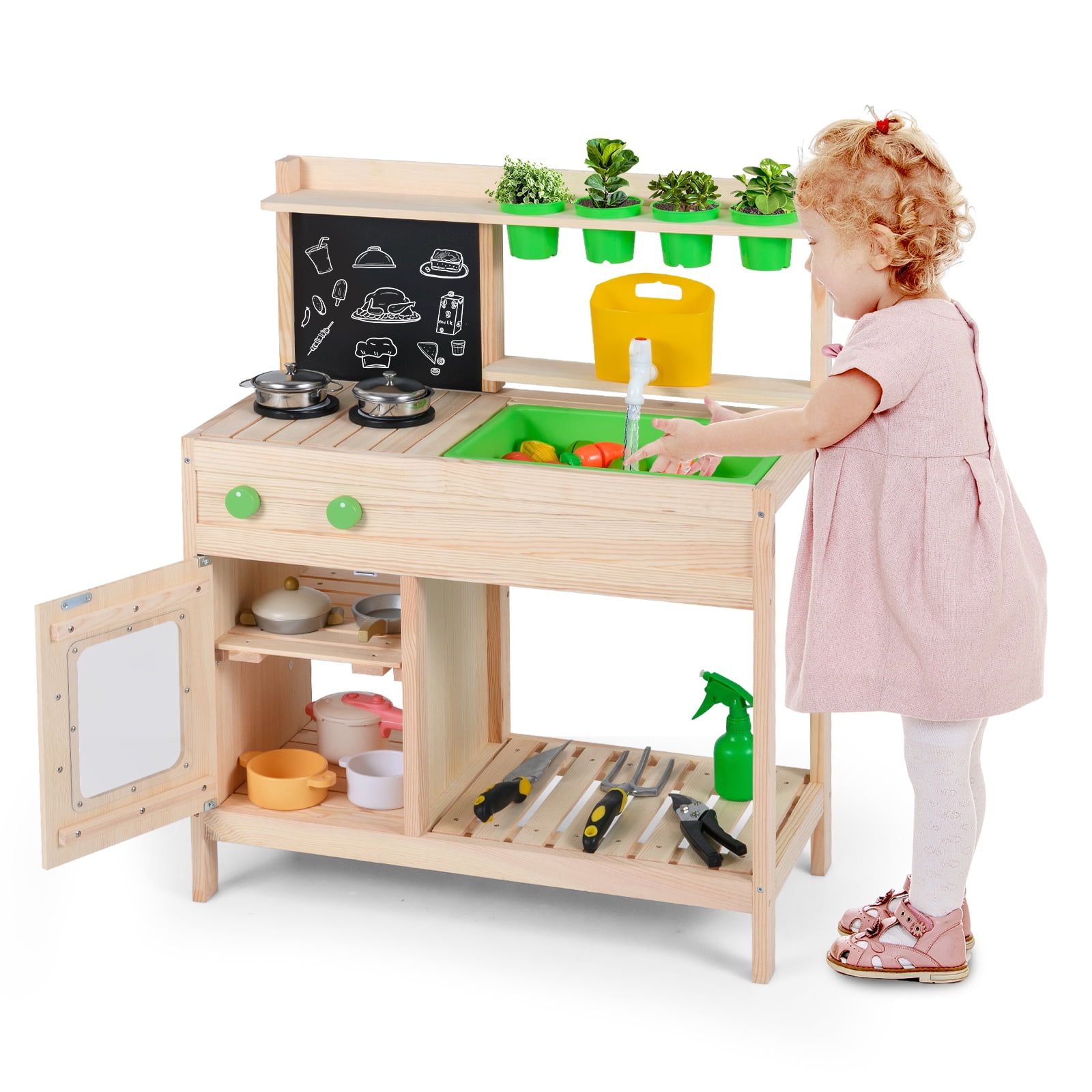 Gymax Kids Mud Kitchen Play Pretend Kitchen w/ Chalkboard Stoves Faucet Sink
