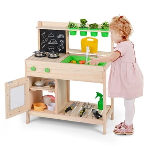 Gymax Cuisine pour enfants Mud Jouer à la cuisine avec l'évier de robinets en bois de craie