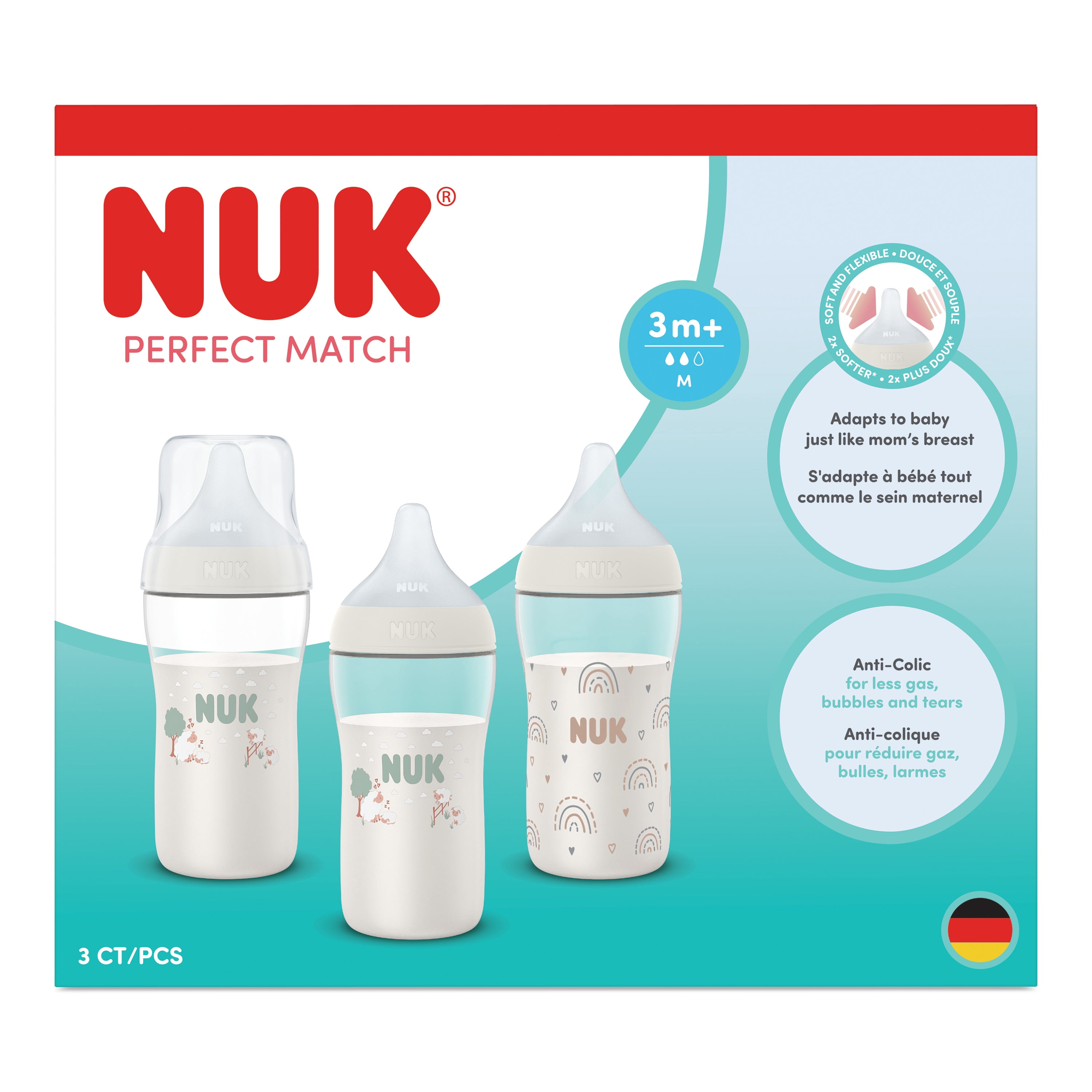 NUK Perfect Match Baby Bottle, 3+ Months, 260 ml, Anti Colic Feeding Bottle, Plastic, Temperature Control Indicator, Sheep, 3 Count