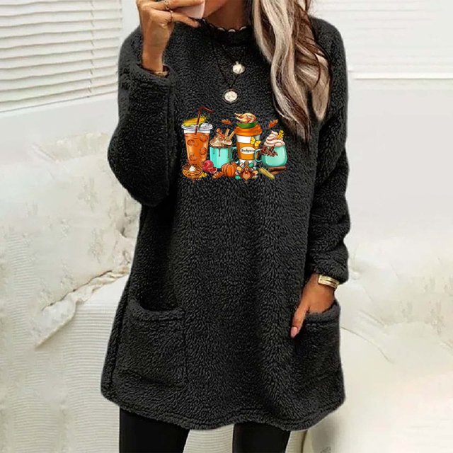 Blouses pour Femmes, Col Rond et Hiver, Imprimé Ample, Poche, Chaud, Manches Longues, Hauts pour Dames en Liquidation