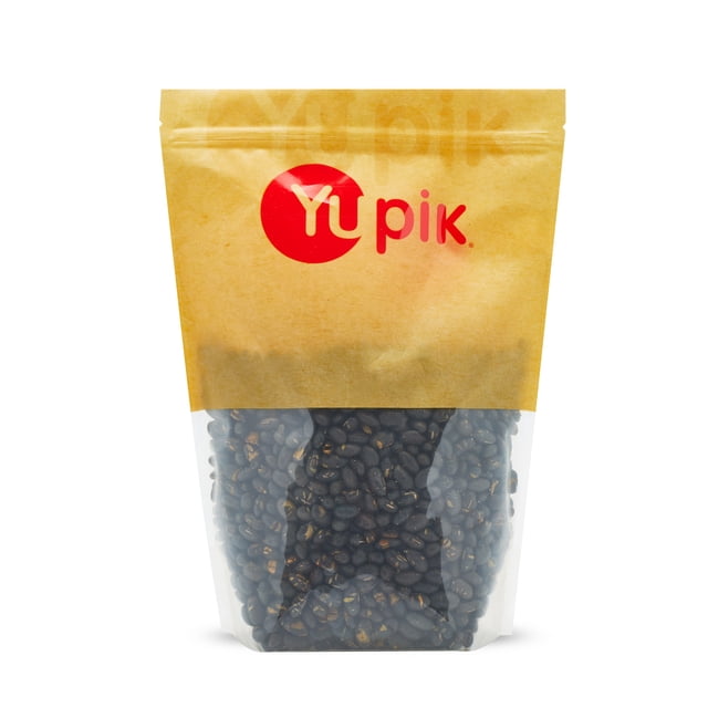 Yupik Fèves de Soya Noires Rôties à Sec et Non Salées, 1 kg, Emballées dans un Papier kraft Refermable et une Pochette en Plastique transparent. la Pochette Présente le logo Yupik en Rouge et Blanc sur la section Supérieure, avec des Fèves de Soya Noires Entières Visibles Remplissant la section Inférieure Transparente. Convient à la Collation, une source de Protéines et de Fibres, et Catégorisée sous Grains Séchés en Vrac.