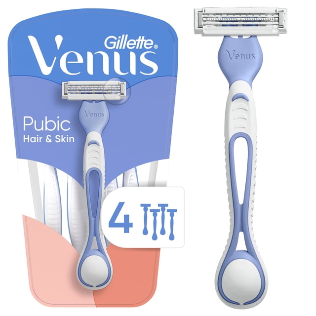 Gillette Venus for Pubic Hair & Skin women's disposable razors, 4 count, featuring a slim pivoting head with two blades and an irritation defense bar. The ergonomic white and light blue handle has a soft grip to reduce shave irritation and prevent slipping in the shower, designed for sensitive pubic skin care.
