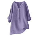thumbnail image 1 of RKSTN Womens Tops Cotton and Linen V-Neck Long Sleeve Three Buttons Plus Size Tops Loose Fit Solid Color Basic Breathable Summer Tops Blouses, 1 of 5