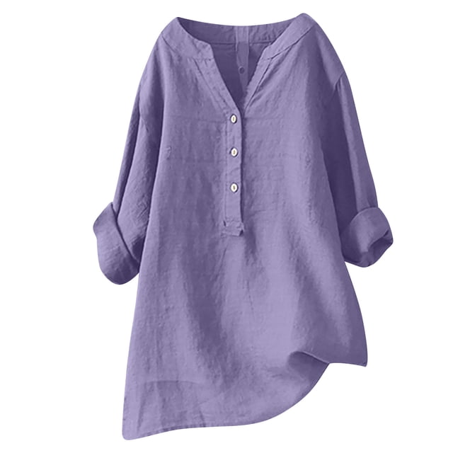 RKSTN Womens Tops Cotton and Linen V-Neck Long Sleeve Three Buttons Plus Size Tops Loose Fit Solid Color Basic Breathable Summer Tops Blouses
