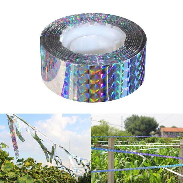 Bird Deterrent Tape Ribbon Reflective Flashing Bird Scare Tape for Goose Pigeon 50m. A roll of multicolour reflective tape made from durable PET polyester film with a width of 2.4 cm (0.94 inches). The tape features a double-sided reflective surface with a high reflection rate, designed to deter birds in areas such as farmland, orchards, vegetable gardens, and balconies. The image also shows the tape in use, tied across poles and plants in outdoor settings, effectively reflecting light to scare birds away.