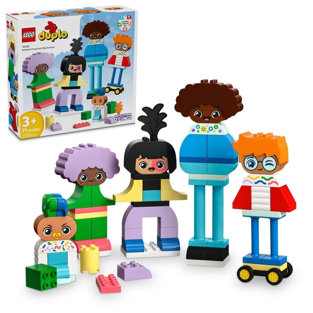 LEGO DUPLO Town Buildable People with Big Emotions Interactive Toy for Ages 3 and Up, 5 Characters with 10 Role-Play Faces, 71 Colorful Bricks for Mix-and-Match Customizable Fun, 10423 — centered, front-facing view of five buildable DUPLO figures assembled from 71 colorful bricks, five wig bricks, ten interchangeable face bricks showing varied emotions and one wheelbase for wheeled play; highlights mix-and-match play and social-emotional learning, often used as a storytelling prop for preschoolers.