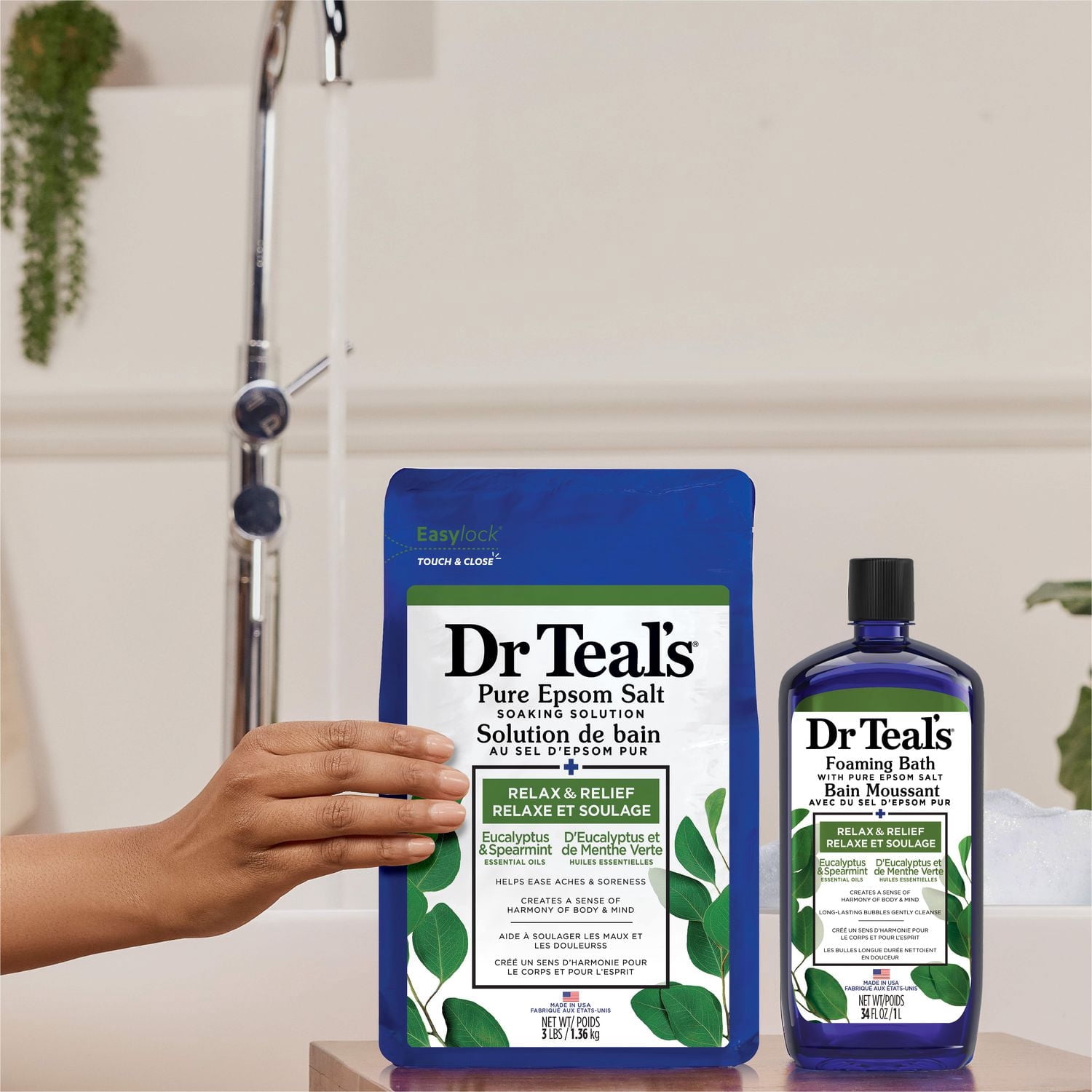 Dr Teal's Solution de bain au sel d'epsom pur, Relaxe et Soulage d'Eucalyptus et de Menthe Verte Huiles Essentielles, 1.36kg