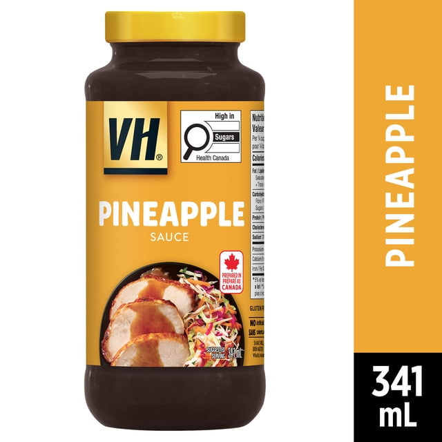 VH Sauce de Cuisson Marinade à l'Ananas Sans Gluten dans une Bouteille de 341 ml avec Capuchon Jaune et Étiquette Montrant du Porc Tranché avec Sauce et Salade de Chou, Marquée Riche en Sucres par Santé Canada et Préparée au Canada, Convient pour Marinade de Poulet, Porc Ou Glaçage de Plats de tofu.