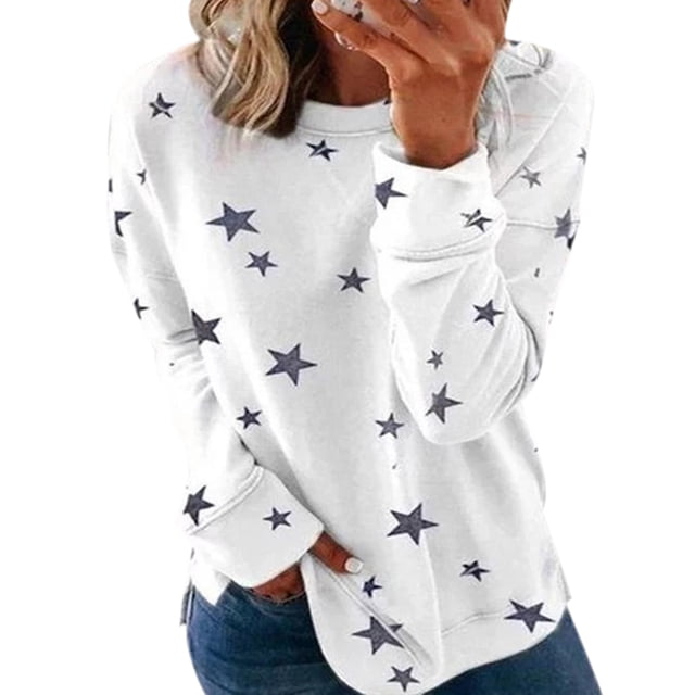 LUXUR Tee-Shirt Femme Col Rond T-shirt Manches Longues T-shirt Chandail en Molleton Pull Imprimé Étoiles Blanc TTG