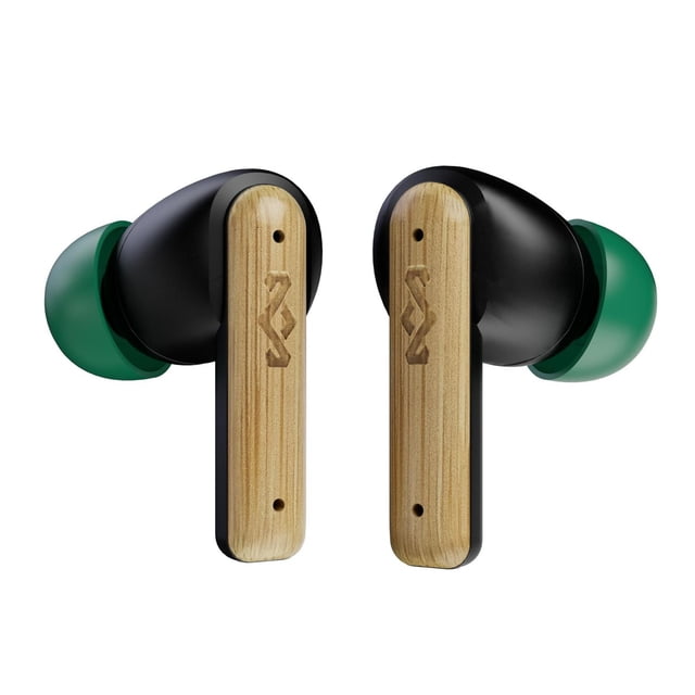 LITTLE BIRD TRUE WIRELESS EARBUDS with black earbuds featuring bamboo front panels engraved with the House of Marley logo, green silicone ear gels, eco-friendly materials, USB-C quick charge, and up to 24 hours playtime with case, suitable for music, calls, and gaming.
