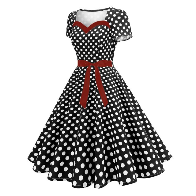 LOVZFMLL Robes Mode pour Femmes à Col en V Sans Manches, Robe Vintage Imprimée pour Fête et Cocktail avec Motif à Pois Noir et Blanc, Détail Nœud Rouge à la Taille et Jupe Évasée. Parfaite pour les Tenues Décontractées d'Été, les Fêtes d'Été Tendance Ou les Événements d'Inspiration Vintage.