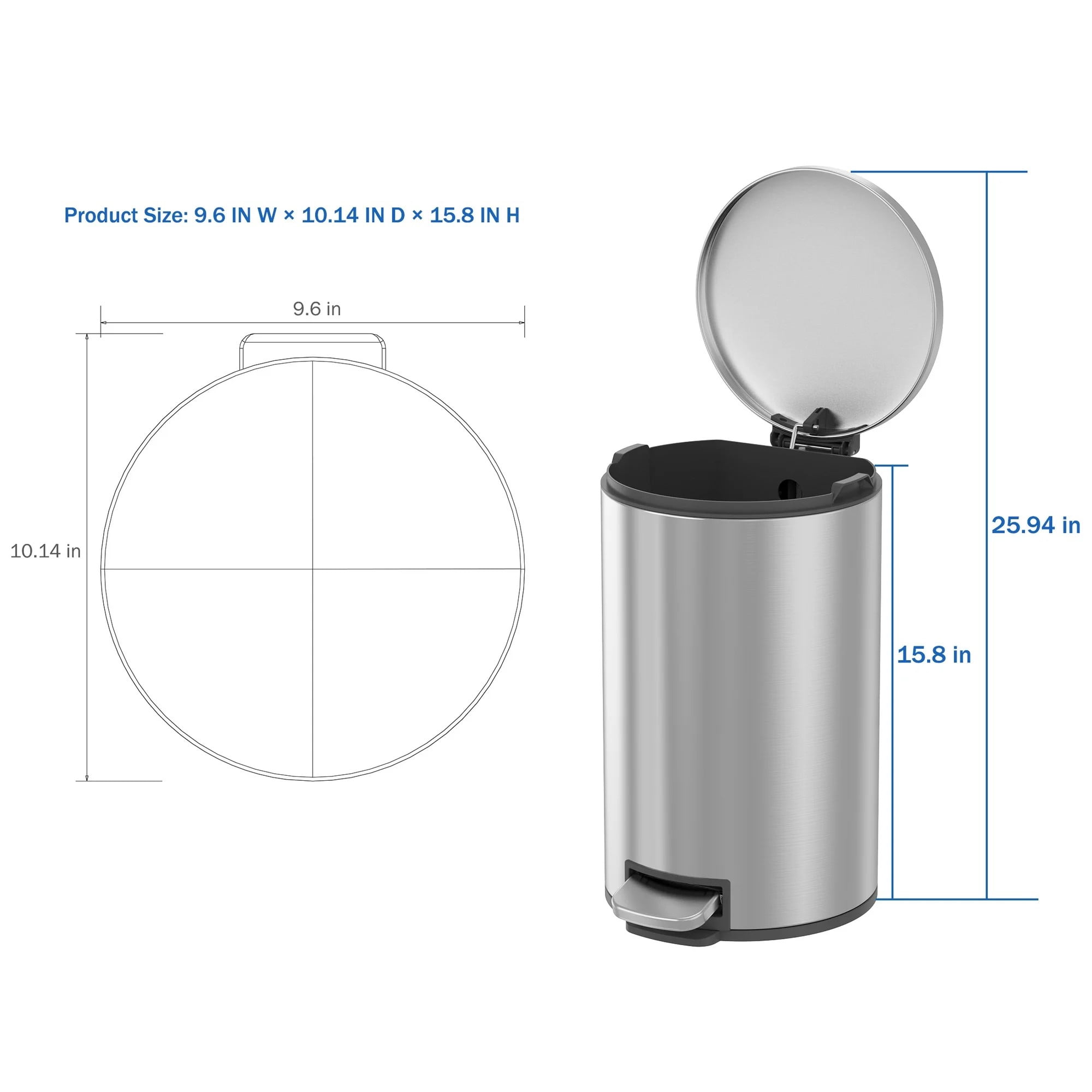 Poubelle de salle de bain Better Homes & Gardens, petite poubelle à pédale de 12 litres en acier inoxydable avec couvercle à fermeture douce, argentée