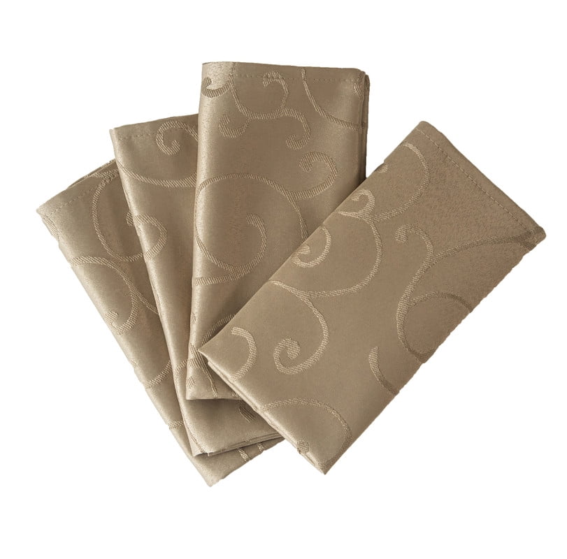 Marina Decoration Jacquard Waterproof Thick Luxury Premium Solid Damask Branch Scroll Decorative Home Kitchen Liquid Repellent and Stain Resistant 4 Piece Napkin Set, Taupe Color Square 18 x 18 Inch