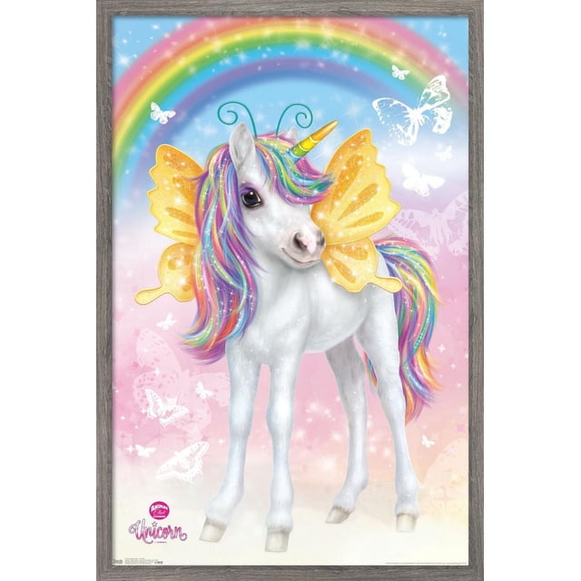 Boîte de Nuit d'Animaux - Affiche Murale de Licorne, Affiche Encadrée 14,725 Pouces x 22,375 Pouces Montrant une Licorne Blanche avec une Crinière et une Queue aux Couleurs de l'Arc-en-ciel, des Ailes de Papillon Dorées et une Corne Jaune-Vert, sur Fond pastel Rose et Bleu avec des Papillons Arc-en-Ciel et Blancs, Convient à la Déco de Chambre d'Enfants et à la Décoration de Fête.