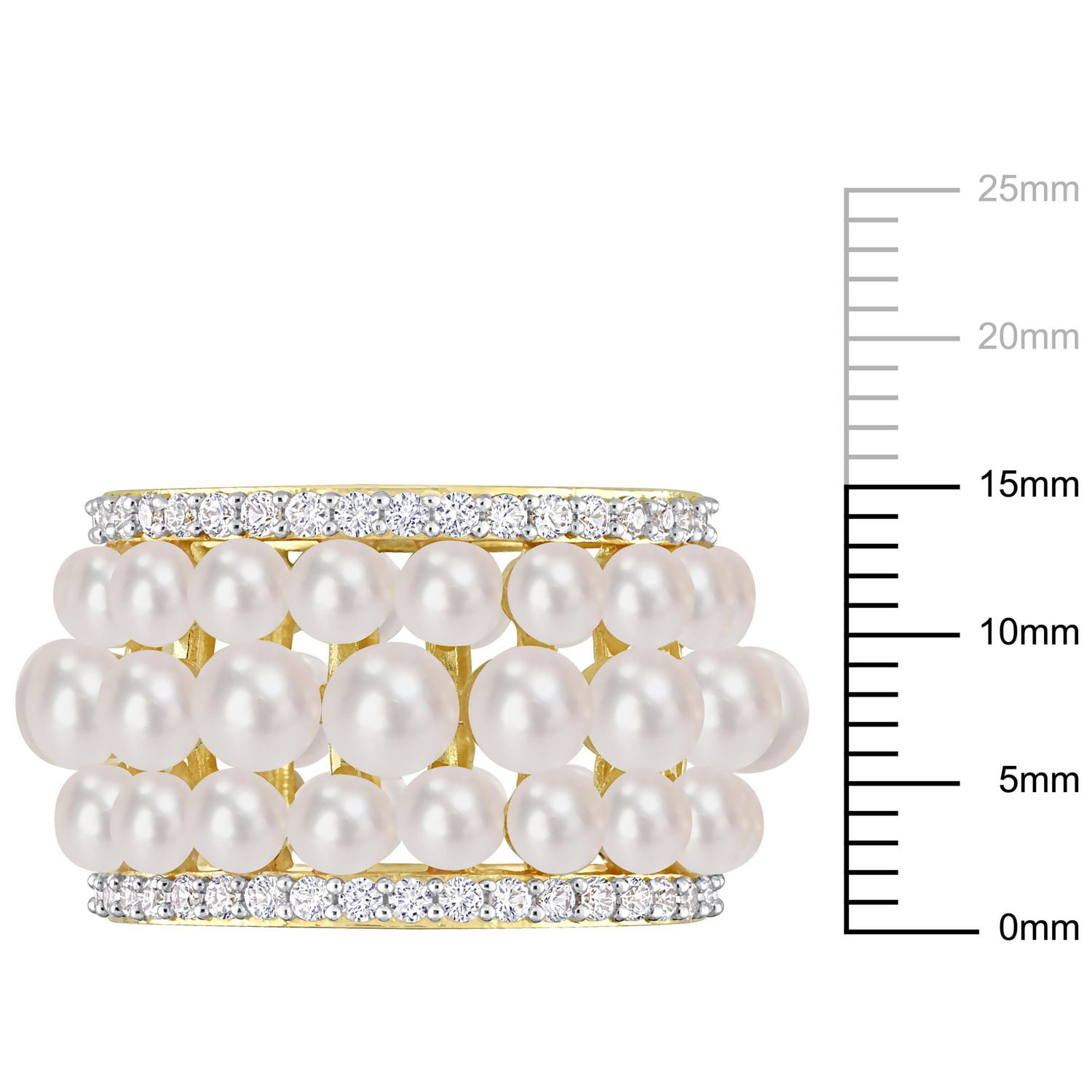 Bague d'éternité à trois rangées de Miabella avec perles culture d'eau douce et 1-3/5 carat PBT de Saphir blanc synthétique en argent sterling plaqué jaune