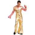 thumbnail image 2 of iiniim Men Shiny Metallic Jumpsuits 70s Disco Dance Leotards Stage Performance Costume Wide Leg Rompers Gold XL, 2 of 7