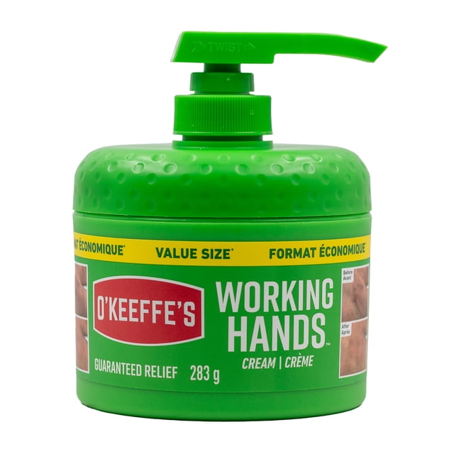 O'Keeffe's Working Hands Hand Cream 283g in a green pump jar with textured lid, labeled for guaranteed relief and value size, formulated to instantly boost moisture and protect dry, cracked hands, featuring before and after hand photos on the container.