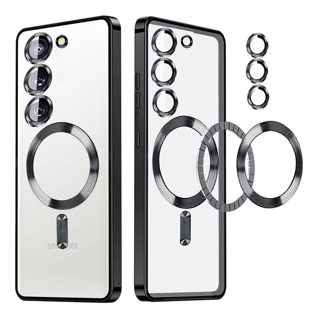 Supershield Case for Samsung Galaxy S24 5G in black, a transparent cellphone case with reinforced frame and metallic-plated soft TPU bumper. Compatible with MagSafe charging, featuring a built-in magnetic ring for secure alignment and faster charging. Resists yellowing, fingerprints, and scratches, showcasing the phone's original colour while providing reliable drop protection. Ideal Samsung Galaxy S24 accessory.