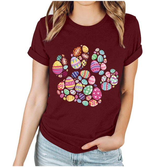 EGNMCR Chemise de Pâques à Manches Courtes pour Femmes Imprimé de Pâques Haut à Manches Courtes Col Rond T-Shirts pour Femmes