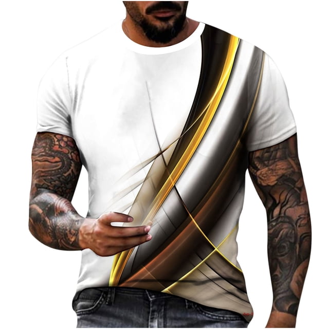 cllios Chemises pour Hommes 2024 Tendance T-Shirt à Col Rond Imprimé Illusion d'Optique 3D Été Décontracté Manches Courtes Hauts à Imprimé Graphique Cool Musculation Entraînement Athlétisme Tee Or S