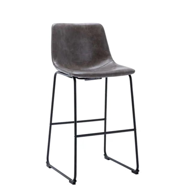 Heavenly Collection Bar Stool 30" with grey faux leather upholstery featuring distressed texture and matching zig-zag stitching, supported by matte black powder-coated steel sled legs with footrest, ideal for kitchen and dining seating and suitable for use at home bars or counters.
