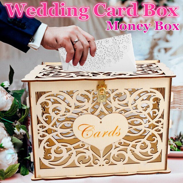Wedding Card Box, DIY Gift Card Boxes with Lock and Card Sign Wooden Hollow Wedding Money Box Holder for Reception Weddings Baby Showers Birthdays Graduations Party Decorations