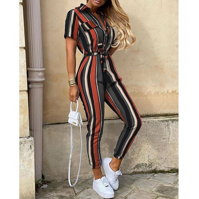 Women's Trousers Casual Lapel Button Button Printed Belt Cargo Jumpsuit