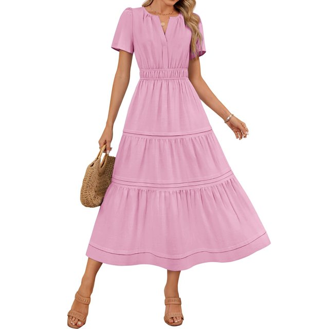 Meichang Robes Midi d'Été pour Femmes à Manches Courtes, Encolure en V Fendue, Taille Plissée, Robe Trapèze, Évasée, Décontractée, à Étages, Longue, Robes d'Invitée de Mariage