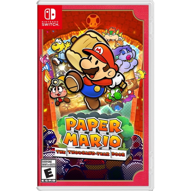 Paper Mario™: The Thousand-Year Door Nintendo Switch game cover featuring Mario in red hat and blue overalls holding a hammer, surrounded by characters including Bowser, Yoshi, and Goombella, with a red textured background and Nintendo Switch logo.