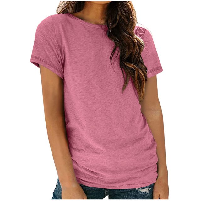 AherBiu Hauts pour Femmes Basiques de Couleur Unie Décontractés à Col Rond à Manches Courtes Coupe Ample Hauts Confortables T-Shirts Chemises