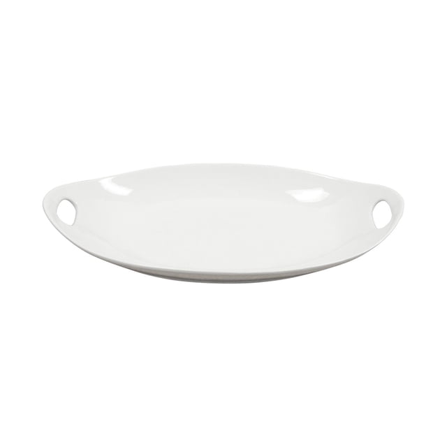 Better Homes & Gardens White Porcelain Tray with Handles, oval white porcelain serving tray with integrated handles on each end, smooth glossy finish, dishwasher, microwave, and oven safe up to 450°F, suitable for serving meals or displaying appetizers.