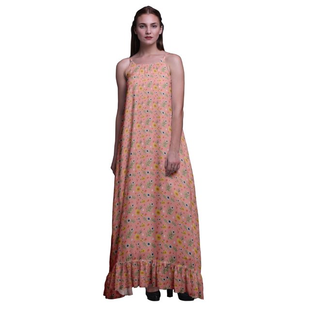 Bimba Pêche Floral Chrysanthème et Anémone Imprimé Vêtement de Nuit pour Femmes Longue Robe Maxi à Bretelles Spaghetti Tenue de Sommeil Robe X-Grand