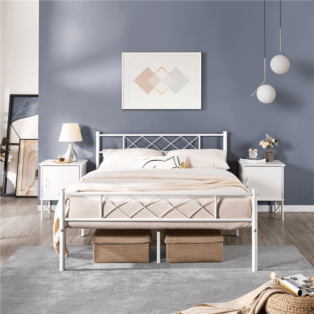 FullFurnique Cadre de Lit Plateforme en Métal Simple avec Tête et Pied de Lit, Double, Blanc