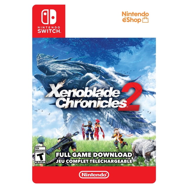 Switch Xenoblade Chronicles 2 digital download game cover for Nintendo Switch showing a large blue Titan in the sky above a grassy field with five characters facing it, including Nintendo Switch and Nintendo eShop logos.