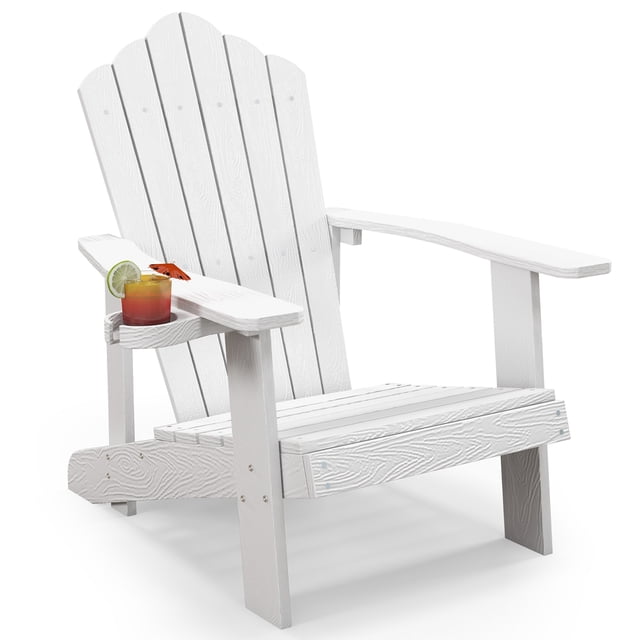 Gymax Chaise Adirondack d'Extérieur Résistante aux Intempéries à Lattes pour Patio avec Porte-Gobelet Blanc