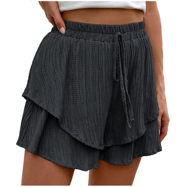 Yuyuzo Shorts for Women Drawstring High Waisted Double Layered Ruffle Shorts Wide Leg Casual Summer Beach Shorts