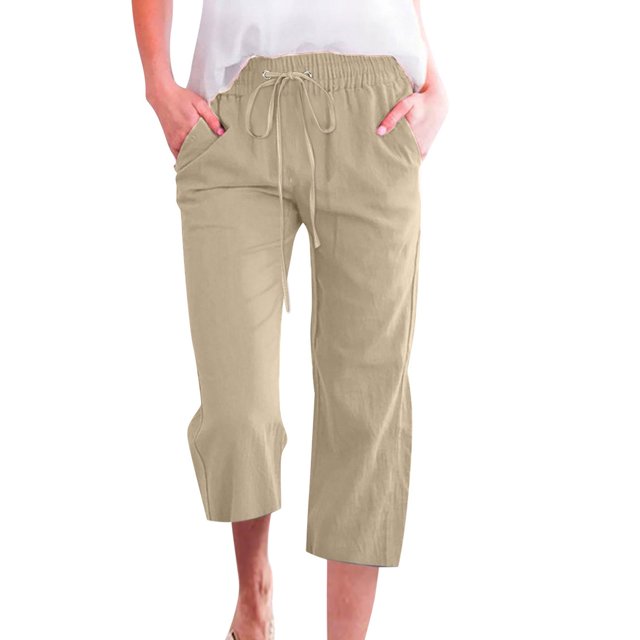 Innerwin Women's Capri Pants by Innerwin Solid Color Loose Wide Leg Cropped Trousers, Khaki, M