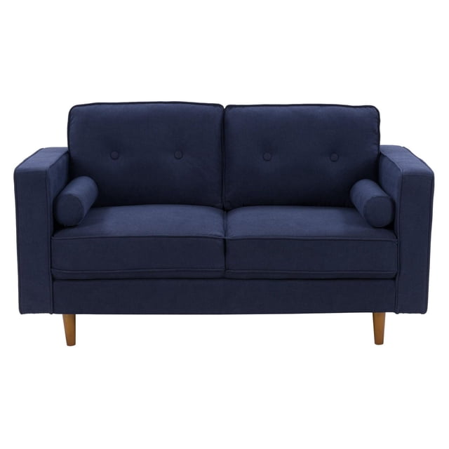 CorLiving Mulberry Causeuse 2 Places en Microfibre style Mi-Siècle Moderne Bleu Marine Foncé au design compact Orienté vers l'Avant, avec Coussins de Dossier Capitonnés avec Deux Boutons Chacun, Coussins d'Assise en Peluche, Deux Coussins Cylindriques Type Traversin et Pattes en Bois Fuselées. Idéale pour les Petits Salons et Appartements, Elle Allie Confort et style Mi-Siècle Moderne.