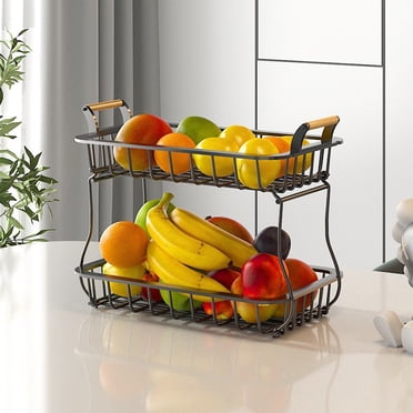Vadktai 2 Tier Fruit Basket Countertop for Kitchen, Vegetable Bread Basket Fruit Bowl Storage Stand, Detachable Metal Rectangular Wire Basket Black