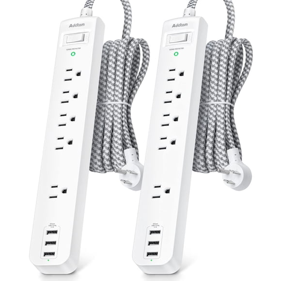 Surge Protector Power Strip - 10 FT Long Extension Cord with 5 Widely AC Outlets 3 USB Ports, Flat Plug with Overload Surge Protection for Home, Office, Dorm Essentials (2 Pack)