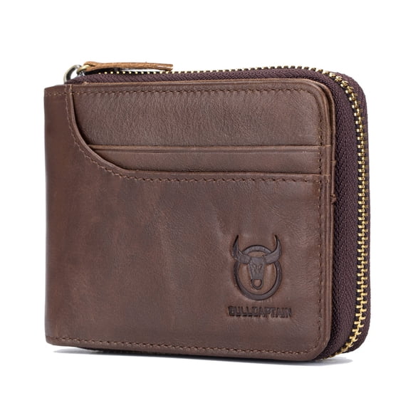 BULLCAPTAIN Genuine Leather Bifold Zipper Wallet for Men RFID Travel Purse Pouch