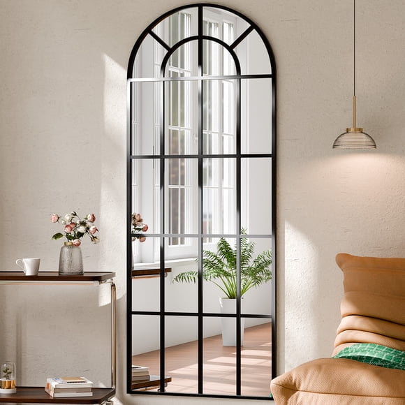 BEAUTYPEAK 71"x 30" Arched Full Length Windowpane Mirror Wall-Decor Mirror,Black