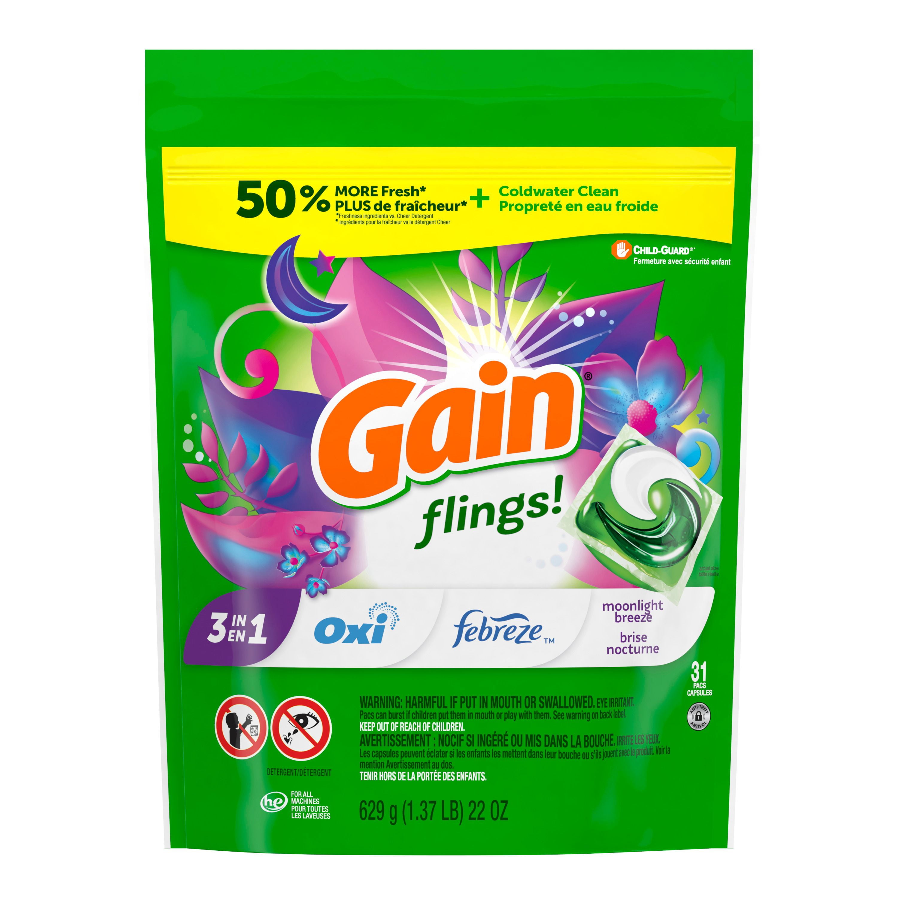Gain Flings Laundry Detergent Pacs, Moonlight Breeze Scent, with Odour Defense, concentrated laundry soap pacs, 31 Count