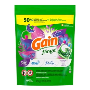 Gain Flings Blanchisserie Detergent Pacs, Lune clair Breeze Scent, avec Odour Defense, concentré de savon à laver, 31 Nombre