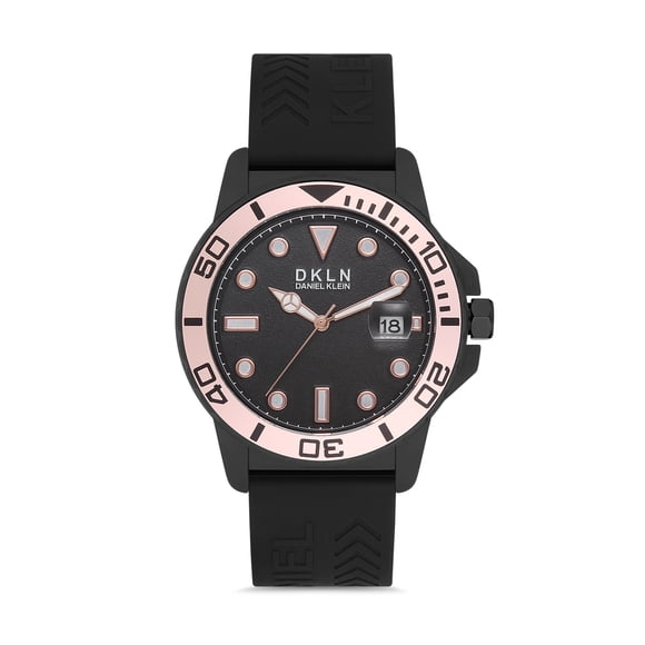 Daniel Klein Montre-Bracelet pour Homme (DK12647-2) - Bracelet en Silicone - Montres Analogiques de Mode pour Homme 44 mm - Mouvement à Quartz Japonais - Index Ronds, Marqueur Flèche, Cadran Noir, Lunette Rose - Ton Noir / Or Rose