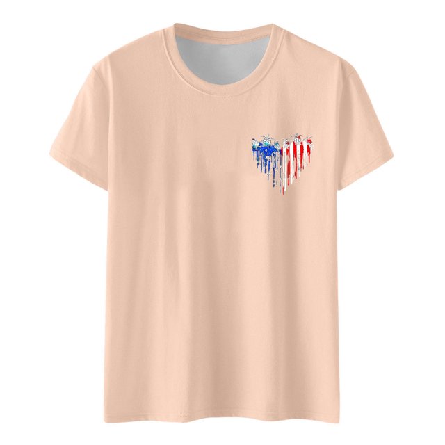 Hauts d'Été pour Femmes Jour de l'Indépendance Drapeau Col Rond Imprimé Lettre Manches Courtes T-Shirts pour Femmes Beige TG