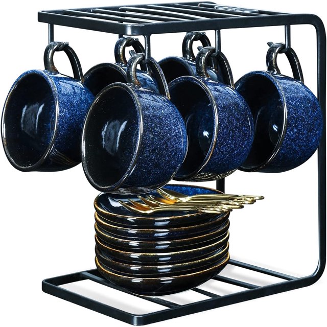 Ceramic Espresso Coffee Cups Set 4 oz Porcelain Espresso Cups with Saucers Spoons and Metal Stand for Tea Cafe Cappuccino Latte - Set of 6 - Blue